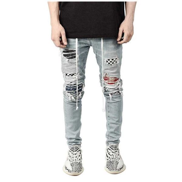 Jeans masculinos moda casual rua hip hop viagem esportes xadrez denim rasgado remendo lápis calças magro estiramento cinto calças y2303