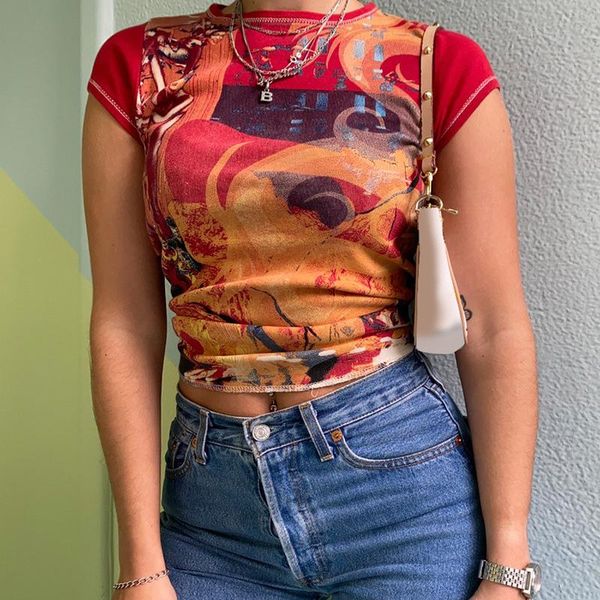 

women's t-shirt abstract print shirts for women bright line o neck graphic tee cropped streetwear panelled vintage clothes woman summer, White