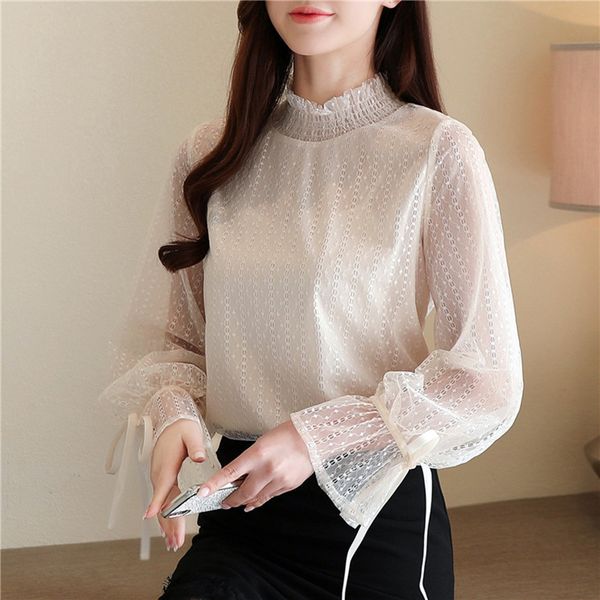 

korean women blouses shirts long sleeve woman double chiffon lace hollow out plus size 210427, White