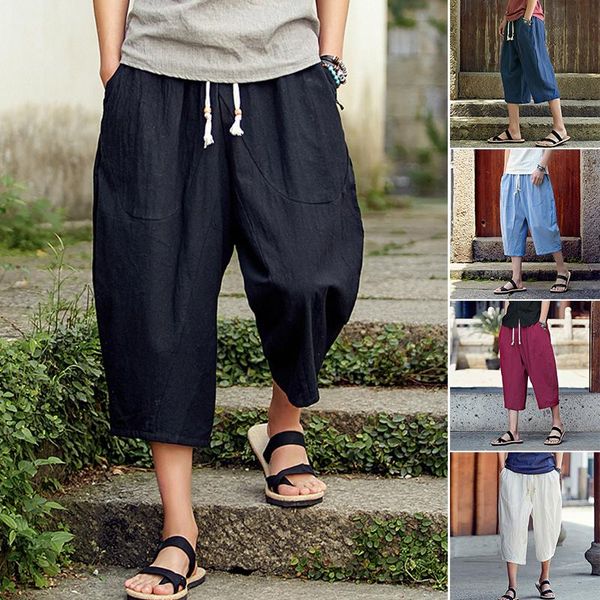 

men's pants fashion men summer cotton linen cropped cross pant trouser wide-legged bloomers male traditional nepal trousers, Black