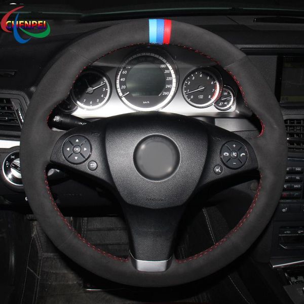 

steering wheel covers diy hand-stitched anti-slip black suede cover for - e350 e260 car interior decoration