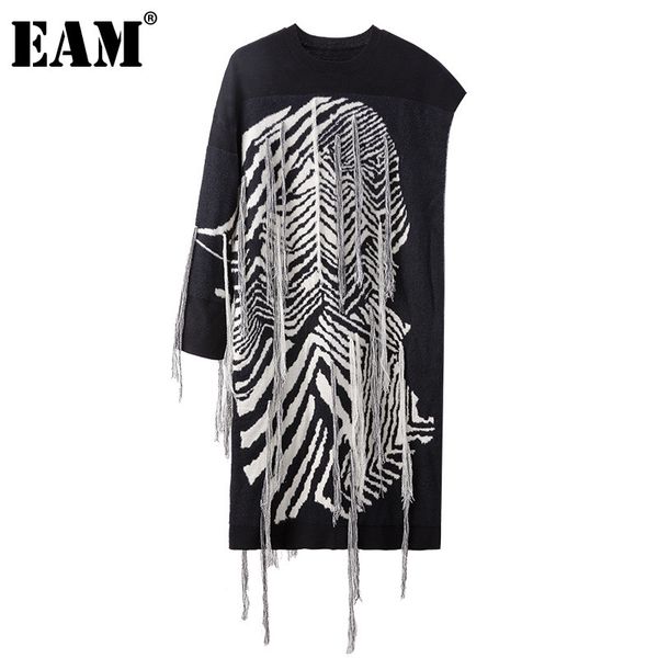 

[eam] women black knitting striped tassels big size dress round neck long sleeve loose fit fashion spring autumn sg592 21512, Black;gray