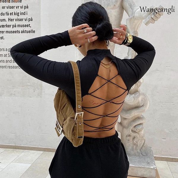 

wangcangli women harajuku open back t-shirt long sleeve cropped summer white clothes shirt vintage tshirt women's