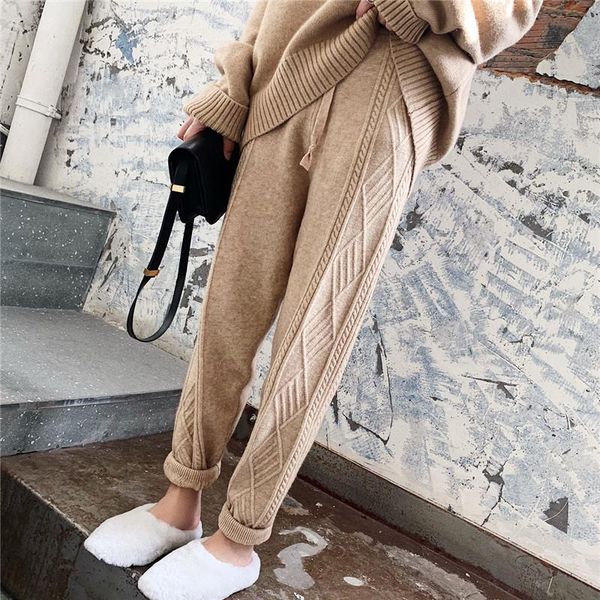 

women's pants & capris winter thicken women harem casual drawstring twisted knitted femme chic warm female sweater trousers 2021, Black;white