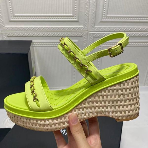 

dress shoes summer cane weave wedge high heel sandal women bohemian style metal chain decor real leather one strap buckle sandalias, Black
