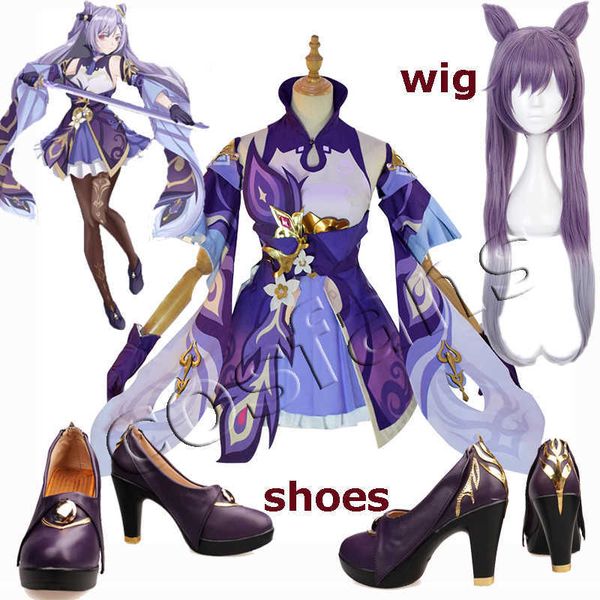 Spiel Genshin Impact Keqing Cosplay Kostüme Genshin Ke Qing Impact Halloween Cos Schuhe Keqing Pferdeschwänze Mixed Purple Cosplay Perücke Y0903