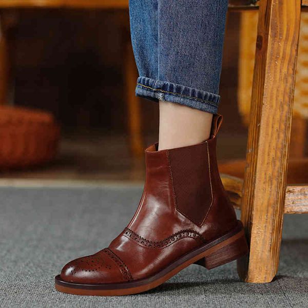 

boots royal leather elastic slither in women's ankle boots retro round toe block short heel mid ladies'shoes t17s, Black