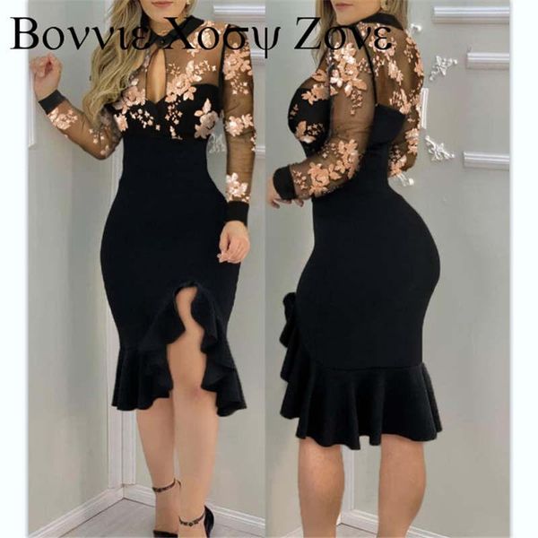 

casual dresses long sleeve slit ruffles hem floral pattern bodycon dress patterh sheer mesh midi sleeveless party, Black;gray