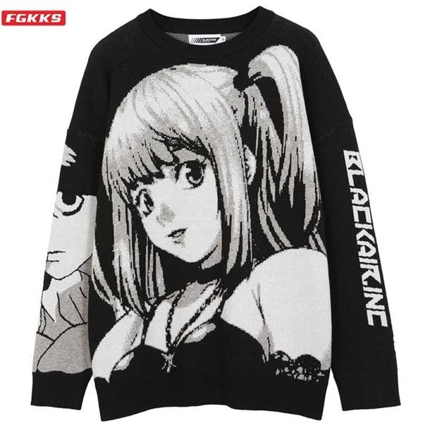 

fgkks mens hip hop streetwear harajuku sweater vintage japanese style anime girl knitted cotton pullover sweaters male 220114, White;black