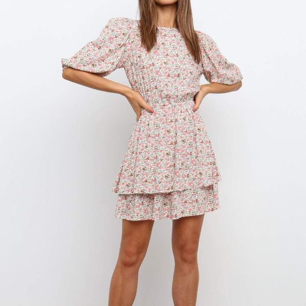 

casual dresses 2021 autumn round neck sleeves floral printed holiday dress women, Black;gray