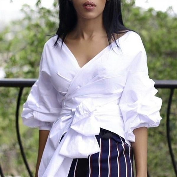 

white shirts blouses peplum puff sleeves with waist belt bowtie v neck large size women's fashion female clothes new blusas 210317