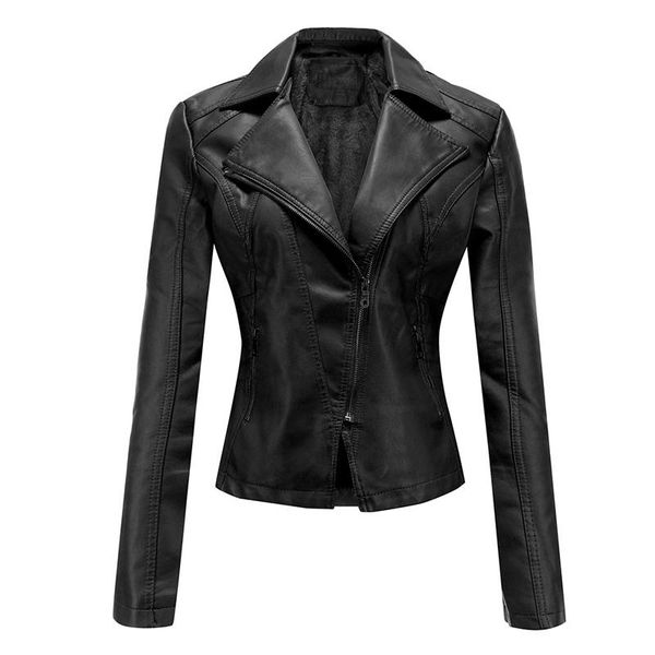 

women's leather & faux winter pu jacket plus velvet solid slim asymmetric zipper coat turn down collar motorcycle outerwear, Black