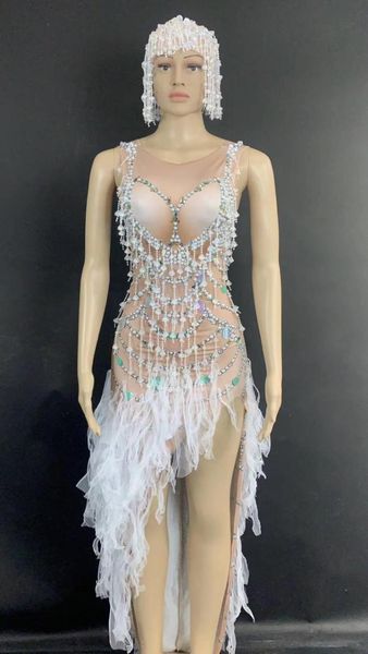 

casual dresses fashion beaded fringes sequined bodycon dress party birthday slit rhinestone stage wear headdress dance costume, Black;gray