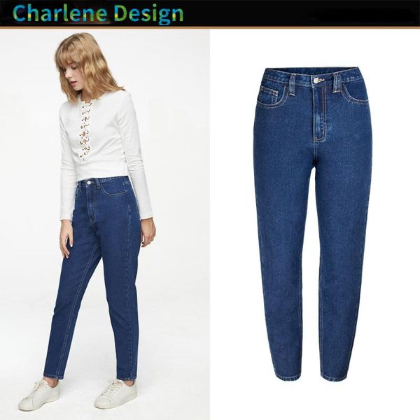 

women's jeans dark blue high-waist denim trousers loose-fitting casual pants