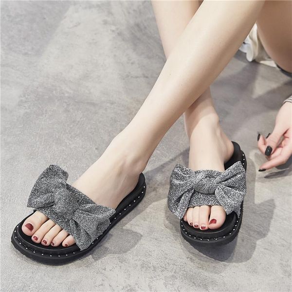 

sequined fabric twinkle paillette bowknot women sandals beach shoes creepers metal rivets sandale open toe slippers over size 44, Black