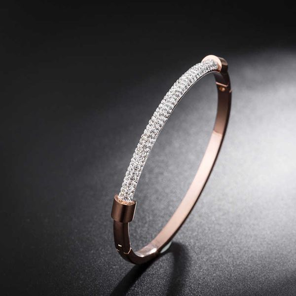 

aenine new jewelry simple full cz crystal bangles titanium steel half circle rhinestone rose gold open bracelet pulseira ab19065 q0717, Black