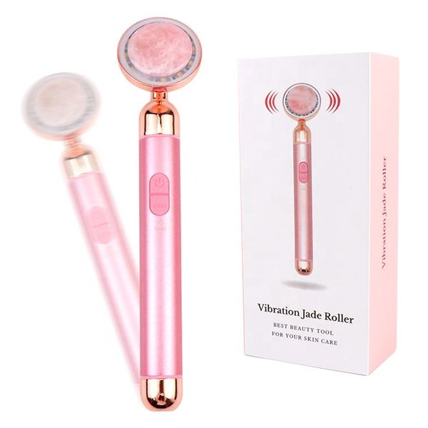 Lussuoso riscaldamento elettrico rullo per il viso strumento di massaggio al quarzo rosa naturale Beauty Bar USB ricaricabile antirughe cellulite pelle disintossicante massaggiatore