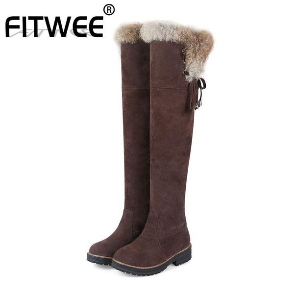 

boots fitwee 2021 woman plush fur warm over knee cross strap winter flats shoes women footwear size 34-44, Black