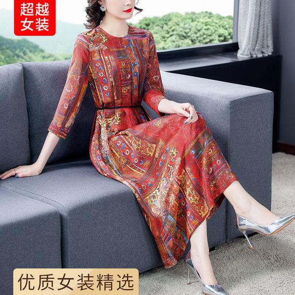 

casual dresses printed silk dress national style fashion mulberry mid length women's 2021 spring, Black;gray