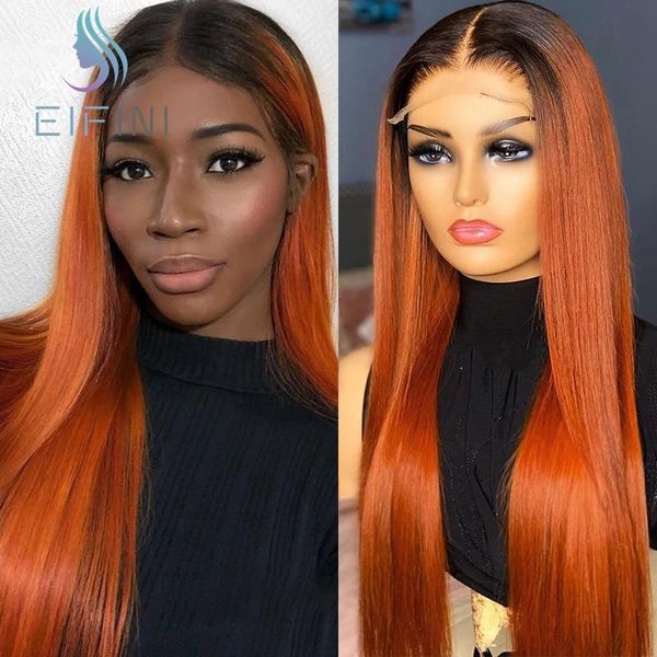 

lace wigs eifini malaysian loose wave human hair straight ombre orange colored remy front pre plucked for womens, Black;brown