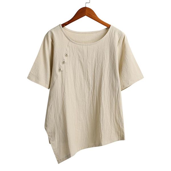 

vintage women cotton shirt solid color irregular hem short sleeve blusas mujer de moda 2021 casual loose blouse retro tee women's blou, White