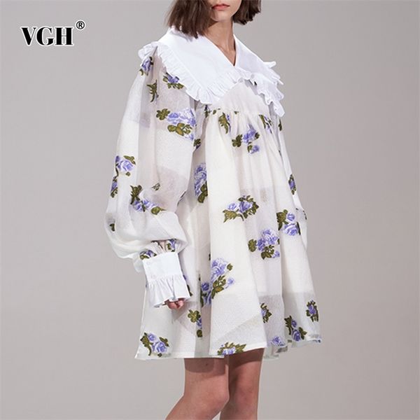 Vintage impressão floral vestido solto para mulheres peter pan colar lanterna manga longa vestidos doces feminino moda primavera 210531