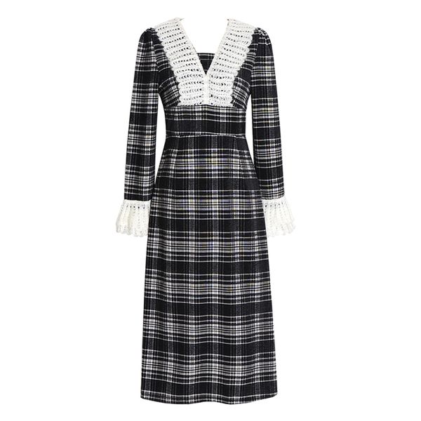 

vintage black white plaid patchwork dress v neck ruffle long sleeve midi evening party dresses d3064 210514, Black;gray