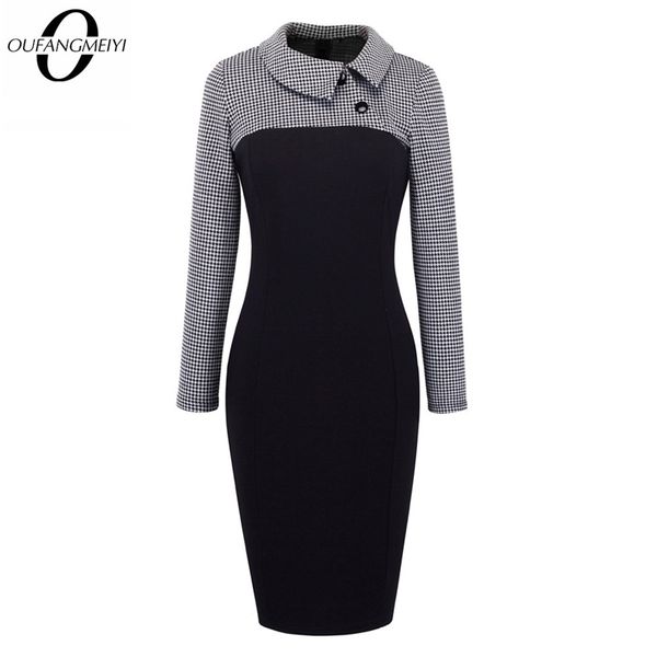 

vintage women patchwork pattern plus size bodycon elegant office ladies charming dress eb238 210322, Black;gray