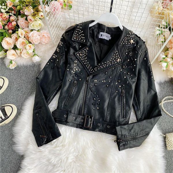 

women's american motorcycle leather jacket 2021 short rivet slim high waist zipper 1012 jackets, Black;brown