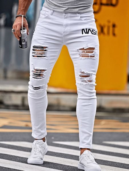 

men letter graphic ripped skinny jeans n8pf#, Blue