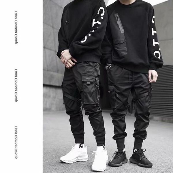

men's spring pants beamed multi-pocket casual loose elastic waist hip-hop cool black overalls for male