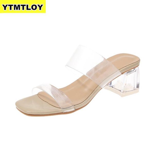 

dress shoes clear heels slippers women sandals summer woman transparent high pumps wedding jelly buty damskie square, Black