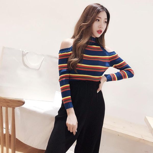 

women's sweaters women sweater winter off-shoulder female knitted striped pullover tricot jersey jumper pull femme, White;black