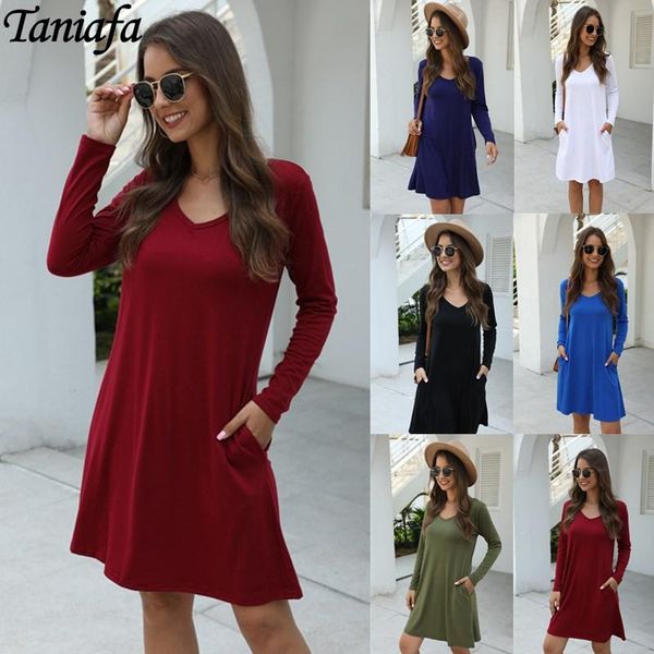 

casual dresses autumn and winter women solid color v-neck pocket dress long sleeve midi skirt, Black;gray