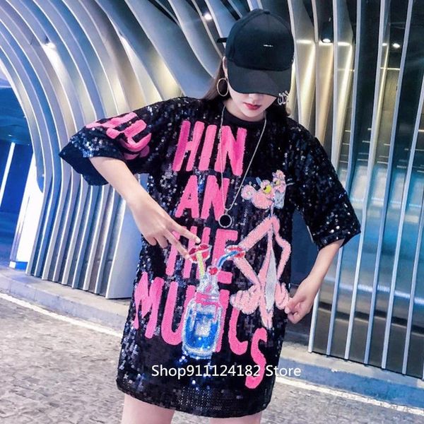 

women's t-shirt super fire cec sequined cartoon plus size short-sleeved 2021 summer mid-length loose heavy-duty glittery top, White