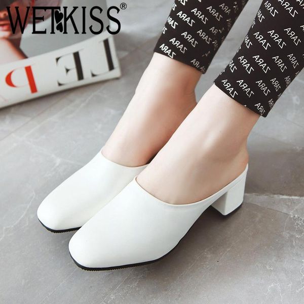 

slippers wetkiss pu women square toe footwear fashion slides shoes female thick high heels mules woman summer plus size 48, Black
