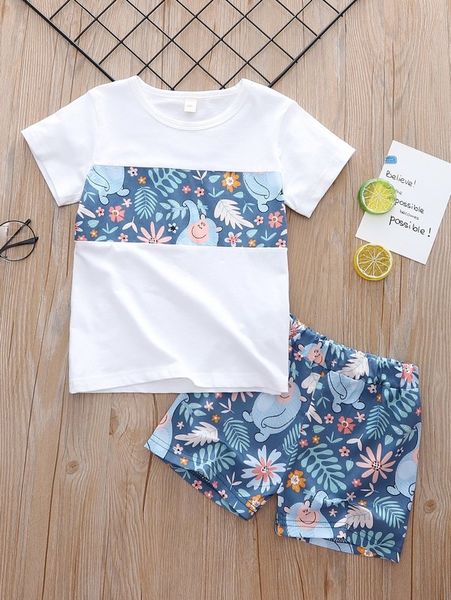 

toddler boys cartoon & tropical print tee & shorts she01, White