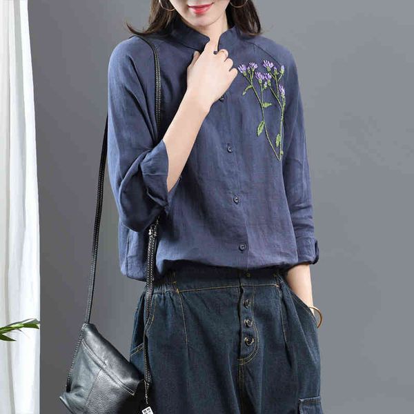 

johnature women embroidery floral vintage shirts stand long sleeve solid color spring ramie button women casual shirts 210521, White