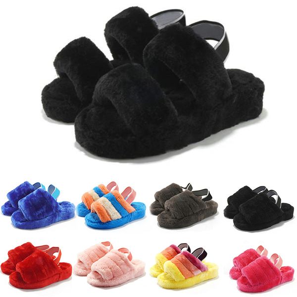 

classics sandals fashion slippers slides furry vamp fluff letter flip flops women shoes striped beach causal slipper home aaa90, Black