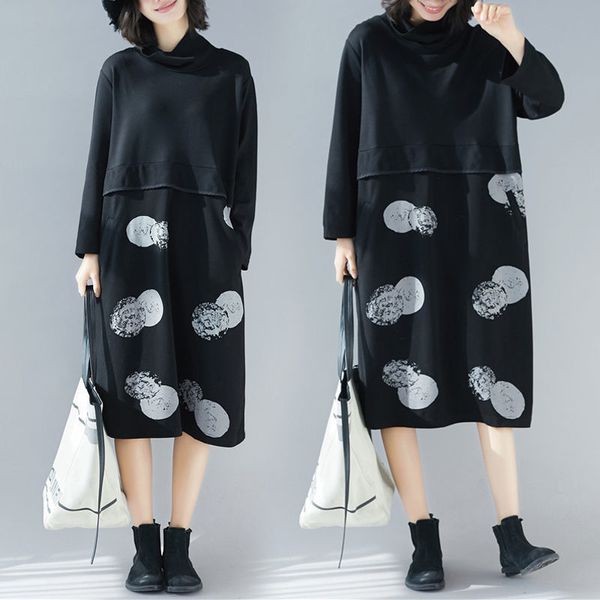

polka dot print sewing dress plus female size long collar medium length to line dressed in casual fall loose robe y027 6op0, Black;gray