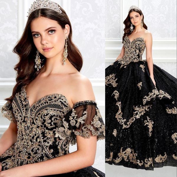 2021 Sexy glänzende schwarze Pailletten-Quinceanera-Kleider, Spitze, Perlen, Ballkleid, herzförmiger Goldapplikationen, Kristall-Abschlussballkleider, Pailletten, Sweep-Zug, Tüll, Sweet 15