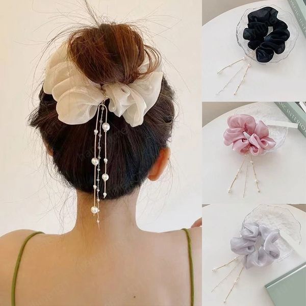 Tassel Pérola Silky Scrunchie Elastic Hair Bands Bandas de borracha cor sólida corda cabelo moda mulheres meninas acessório de cabelo