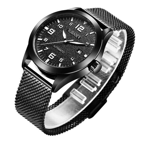 

wristwatches oubaoer mechanical clock men military auto date stainless steel mesh strap 3bar water resistant army male automatic, Slivery;brown