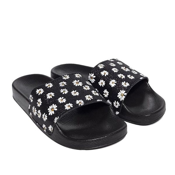 

slippers summery women daisy pattern slide black white silvery shiny soft casual sea beach pool balcony garden turkish goods 2021
