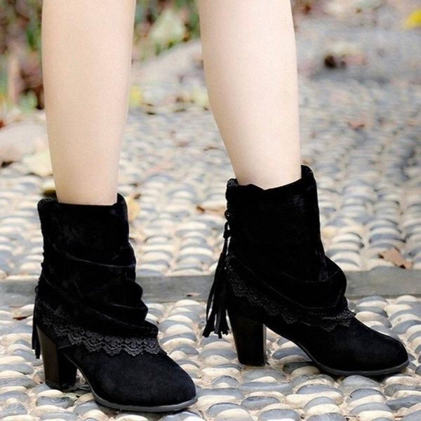 

boots fashion round toe mid-heel woman shoes 2021 spring autumn mid-tube fringed women lace-up short size 43, Black