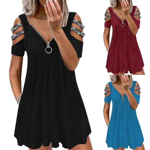 

casual dresses z#women hollow out zipper floral print short sleeve dress summer v neck elegant vintage plus size streewear, Black;gray