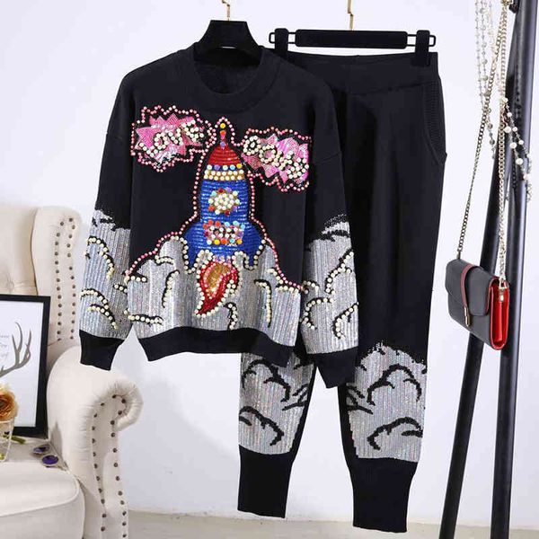

pant fashion black gray knitted tracksuit women 2pc manual beading sequin pullover sweater pencil pants set loose knit outfits female, White