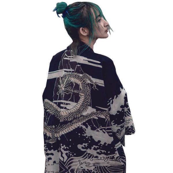 

men's casual shirts kimono women cardigan japanese summer beach shirt yukata woman haori dragon clothes streetwear lw8s, White;black