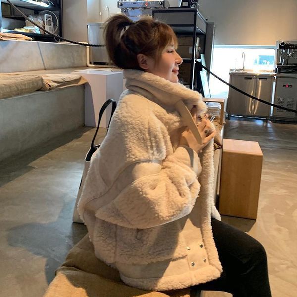 

women's jackets suede lamb coat autumn and winter loose medium length thickened fur integrated motorcycle basic jacket, Black;brown