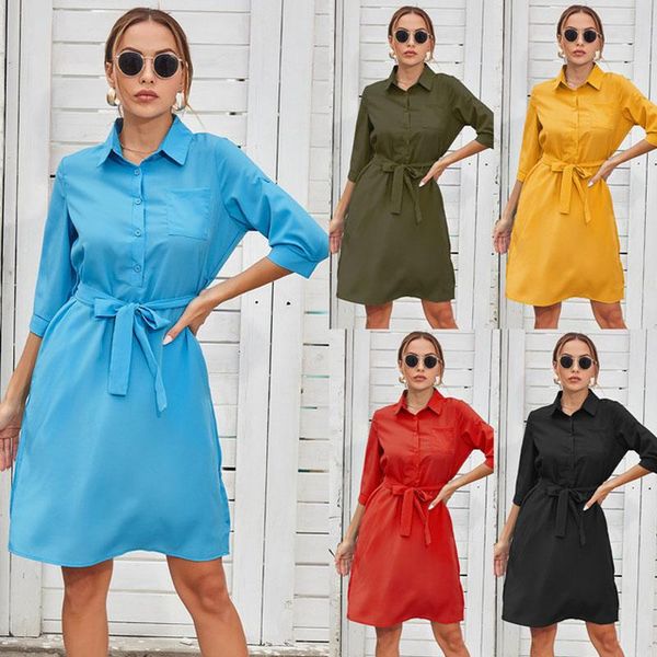 

casual dresses women shirt dress 2021 female offlce lady three quater belt, Black;gray
